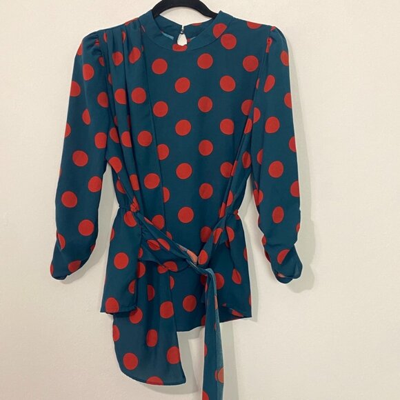 Milk & Honey Women's Blouse Belted Polka Dots Multicolor Large Classic Elegance - Picture 1 of 8